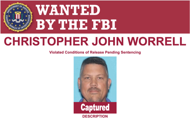 An updated FBI wanted poster showing Christopher Worrell has been captured. 