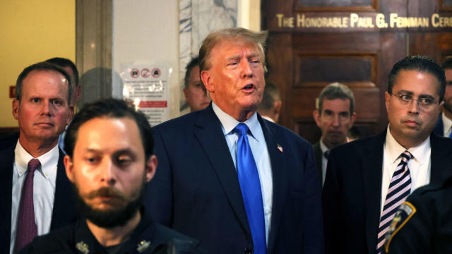 Former President Donald Trump makes a statement at the end the first day of his civil fraud trial at New York State Supreme Court on Oct. 2, 2023, in New York City. 