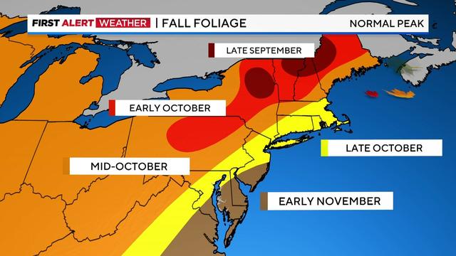 A map showing the normal peak of fall foliage throughout the Tri-State Area. 