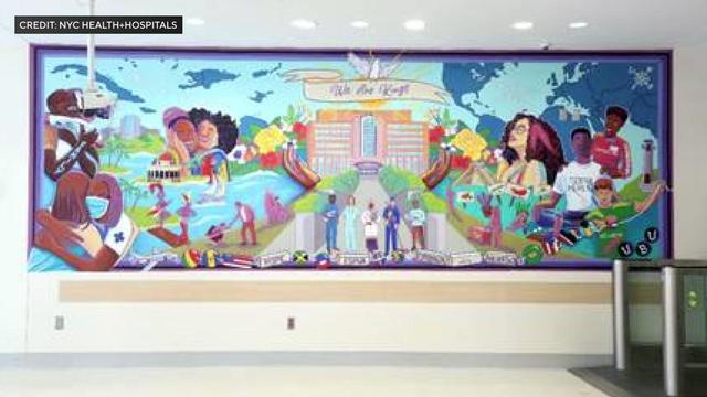 A mural inside Kings County Hospital Center depicting hospital staff and patients. 