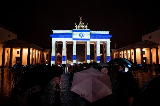 Brandenburg Gate lit up with Israeli flag