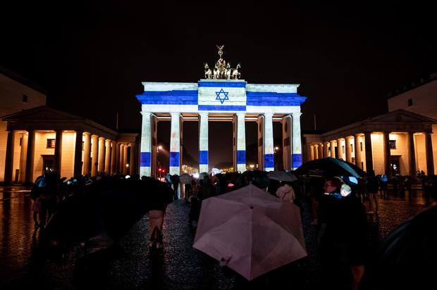 Brandenburg Gate illuminated with Israeli flag 