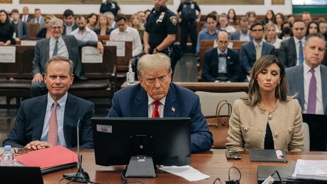 Former US President Donald Trump, center, during a trial at New York State Supreme Court in New York, US, on Wednesday, Oct. 4, 2023. 