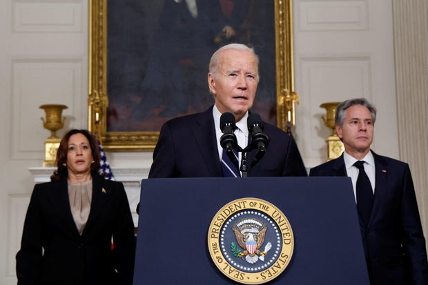 U.S. President Biden makes remarks on the situation in Israel following Hamas' deadly attacks, in Washington