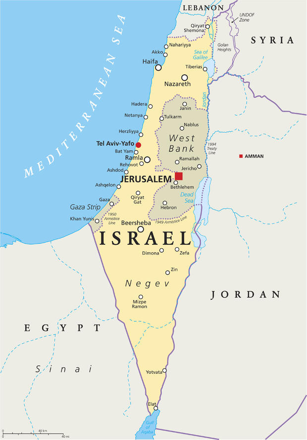 Part of the Southern District of Israel, political map, with the Gaza Strip 