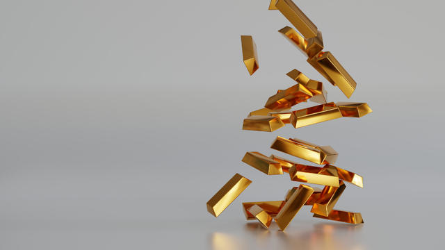 Stack of gold bars or bullion gold ingot, business finance concept, 3D rendering. 