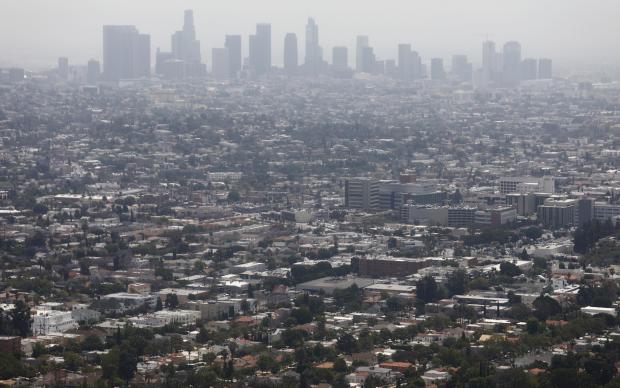 Los Angeles skyline shrouded in smog 