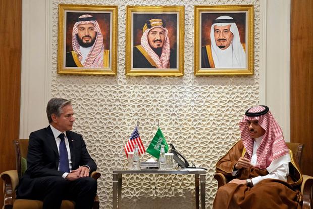 US Secretary of State Antony Blinken (L), meets with Saudi Foreign Minister Prince Faisal bin Farhan, at the Ministry of Foreign Affairs in Riyadh on October 14, 2023. Photo by Jacquelyn Martin/POOL/AFP via Getty Images  