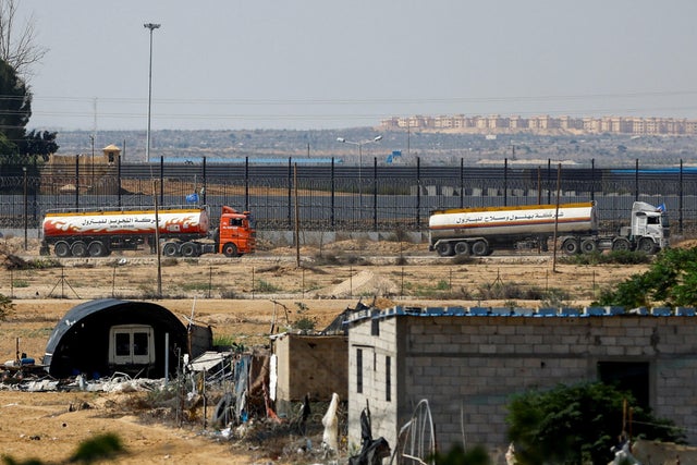 UN-flagged fuel trucks move towards border crossing in Gaza