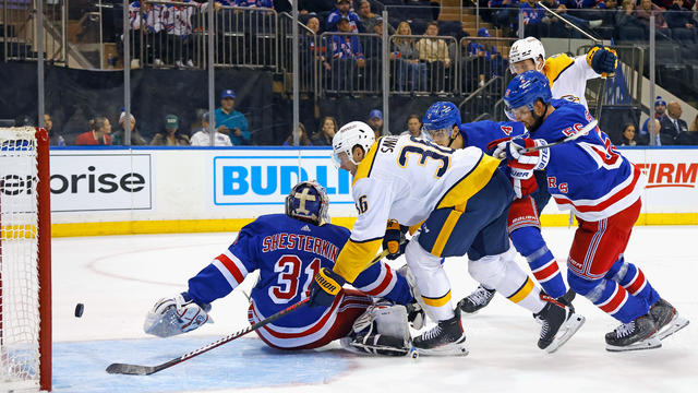 Cole Smith #36 of the Nashville Predators scores at 11:24 of the first period against Igor Shesterkin #31 of the New York Rangers at Madison Square Garden on October 19, 2023 in New York City. 