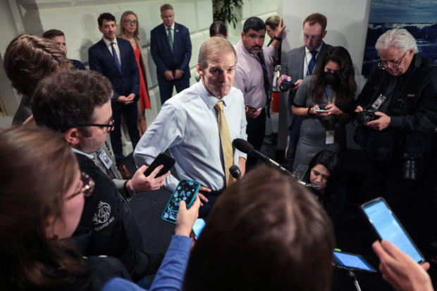 Rep. Jim Jordan speaks to the media as he leaves a closed-door House Republican meeting at the Capitol on Oct. 20, 2023. 