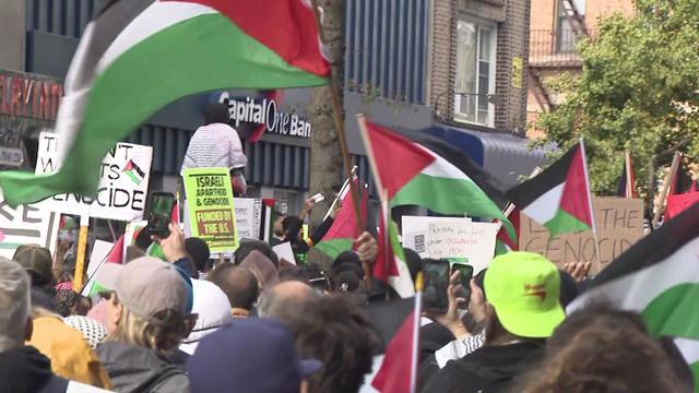 Hundreds of people fill a Brooklyn street, many with Palestinian flags. 