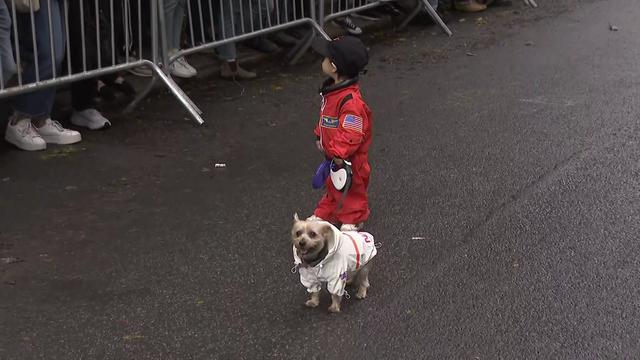 A child in an orange astronaut suit costume holds the leash of a small dog dressed in a white astronaut costume. 