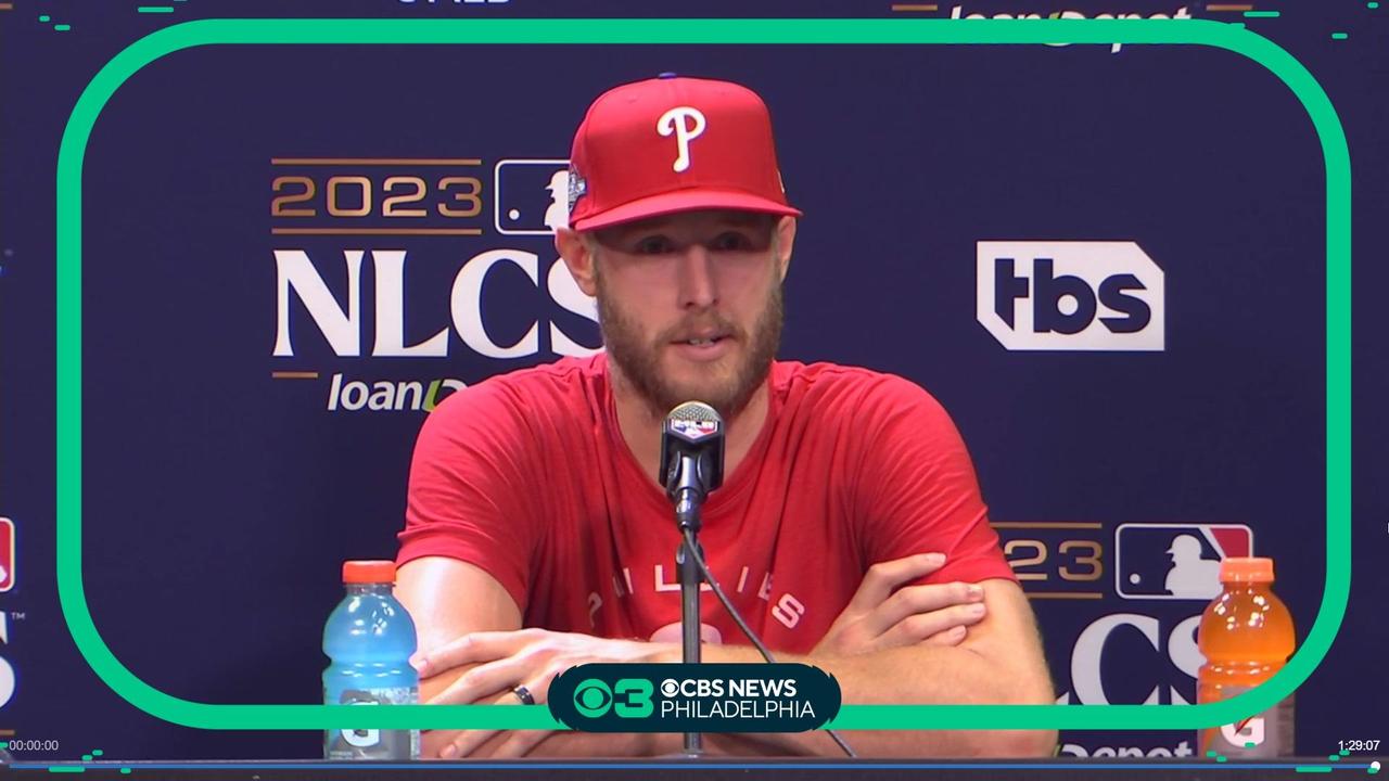 Phillies' Pitcher Zack Wheeler talks to media after Game 5 win of