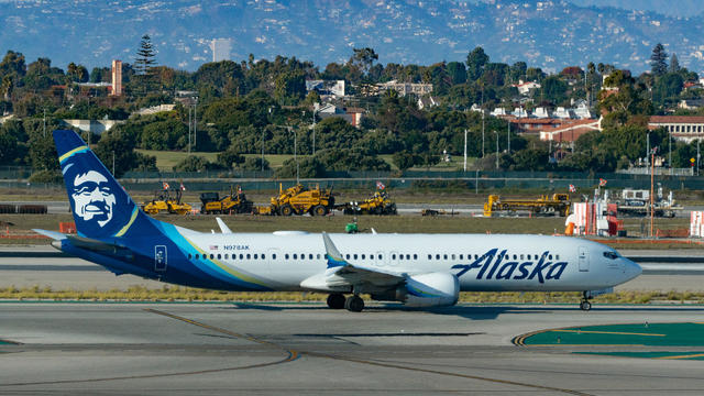 An Alaska Airlines Boeing 737-9 prepares for takeoff at Los Angeles International Airport on Oct. 19, 2023, in Los Angeles, California. 