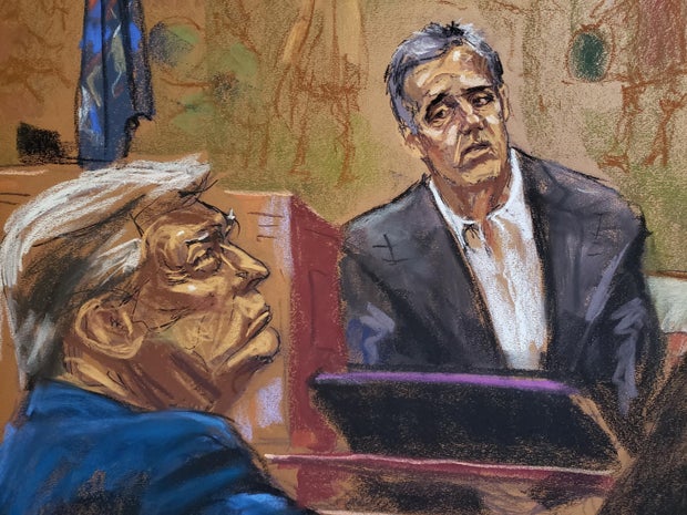 A courtroom sketch showing former President Donald Trump listening to testimony by his former attorney Michael Cohen on Oct. 24, 2023.