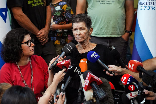 Lifshitz, an Israeli grandmother who was held hostage in Gaza, speaks to members of the press after being released by Hamas militants, at Ichilov Hospital in Tel Aviv, Israel 