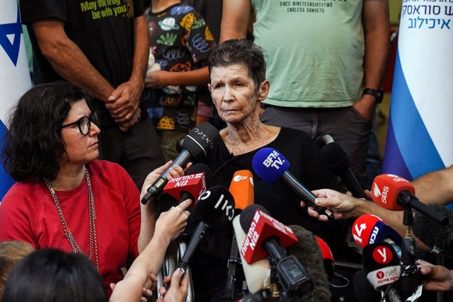 Lifshitz, an Israeli grandmother who was held hostage in Gaza, speaks to members of the press after being released by Hamas militants, at Ichilov Hospital in Tel Aviv, Israel 