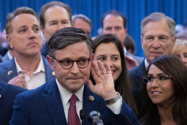 Rep. Mike Johnson speaks after being elected as Republicans' speaker nominee on Capitol Hill on Oct. 24, 2023.