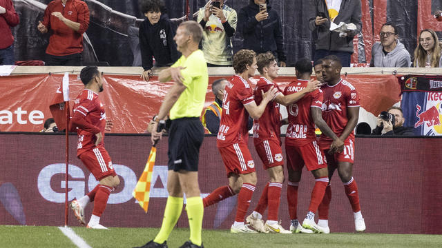 New York Red Bulls celebrate a goal against Charlotte FC during the first half of an MLS soccer match Wednesday, Oct. 25, 2023, in Harrison, N.J. 