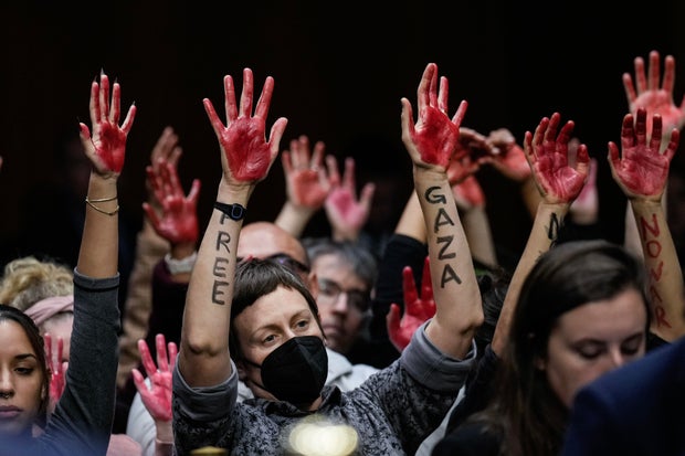 Protesters calling for a cease-fire in Gaza during a Senate hearing