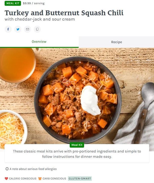Screencap of Home Chef meal overview: Turkey and butternut squash chili