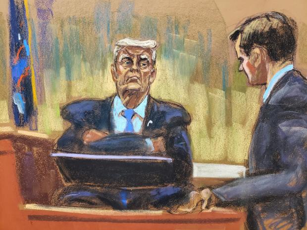 A court sketch of former President Donald Trump being questioned by Kevin Wallace. 