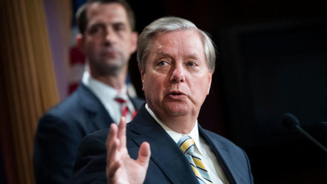 Sens. Lindsey Graham and Tom Cotton conduct a news conference in the Capitol on Wednesday, July 1, 2020. 