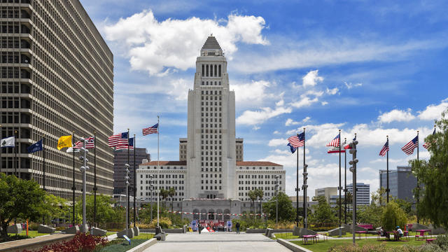 USA, California, Los Angeles, Grand Park and Los Angeles City Hall 