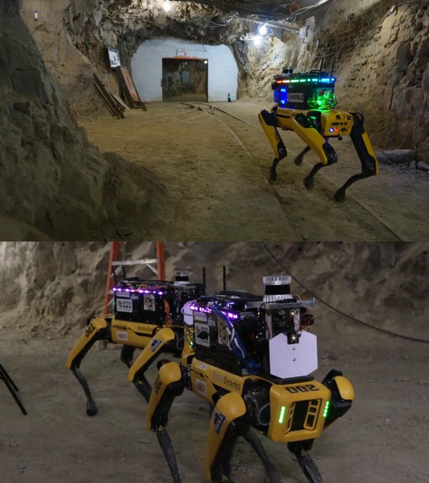 Examples of MARBLE (Multi-agent Autonomy with Radar-Based Localization for Exploration) robots, operating within a tunnel complex in Colorado