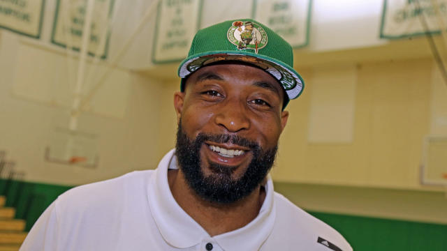 (Waltham, MA 06/23/17) Justin Taytum, Jayson Tatum's father, proudly wears his new Celtics hat after Jayson's introductory press conference at the Celtic's practice facility. Friday, June 23, 2017. Staff photo by John Wilcox. 