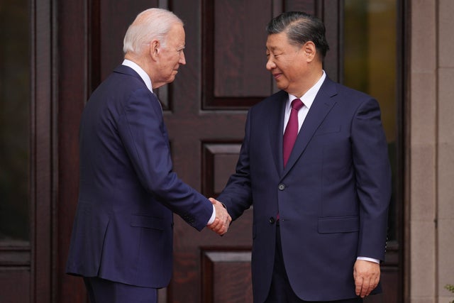 President Biden greets China's President President Xi Jinping at the Filoli Estate in Woodside, California, on Wednesday, Nov, 15, 2023. 