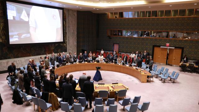 U.N. Security Council members observe a minute of silence for all those who have lost their lives in the Israeli-Palestinian fighting since Oct. 7, on Nov. 10, 2023. 