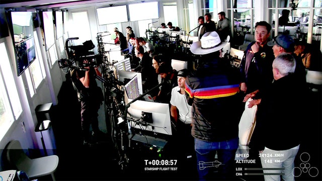 SpaceX founder Elon Musk, standing, third from right, discusses the launch with engineers at the company's mission control center in Boca Chica, Texas, Nov. 18, 2023. 