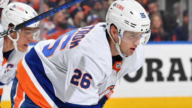 Oliver Wahlstrom #26 of the New York Islanders awaits a face-off during the game against the Edmonton Oilers at Rogers Place on November 13, 2023, in Edmonton, Alberta, Canada. 