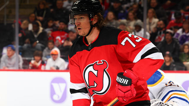 Tyler Toffoli #73 of the New Jersey Devils skates in the second period of the game against the Buffalo Sabres at the Prudential Center on November 25, 2023 in Newark, New Jersey. 