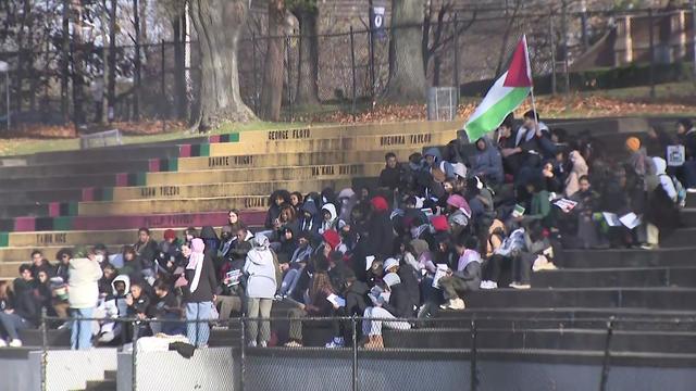 Dozens of high school students sit on tiered stairs outdoors. One holds a large Palestinian flag. 