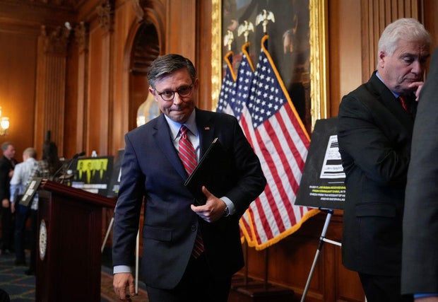 Speaker of the House Mike Johnson leaves a news conference at the Capitol on Nov. 29, 2023.