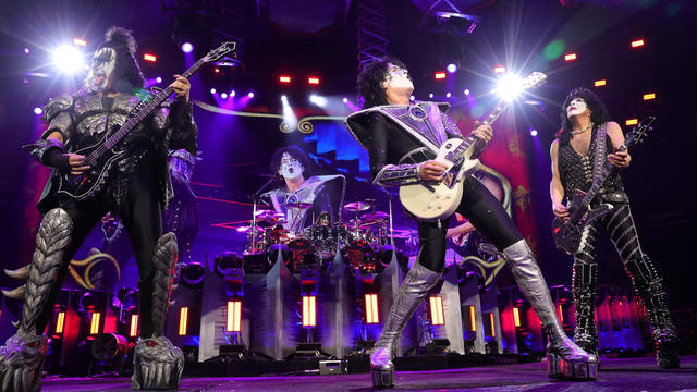 Gene Simmons, Tommy Thayer and Paul Stanley of KISS perform during KISS: End of the Road World Tour at Madison Square Garden on December 01, 2023 in New York City. 