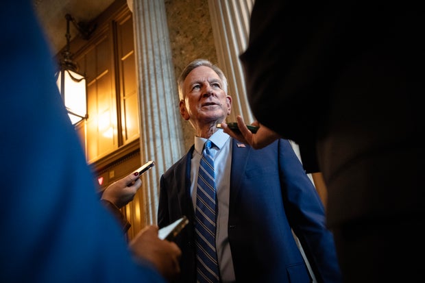 Sen. Tommy Tuberville speaks to reporters at the U.S. Capitol on Nov. 7, 2023, in Washington, D.C.