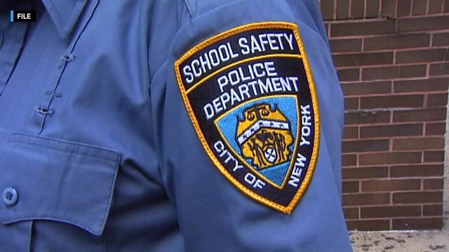 The badge on a New York City Police school safety agent's shirt. 