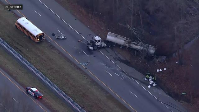 An aerial view of a tanker truck crash on Route 18. 
