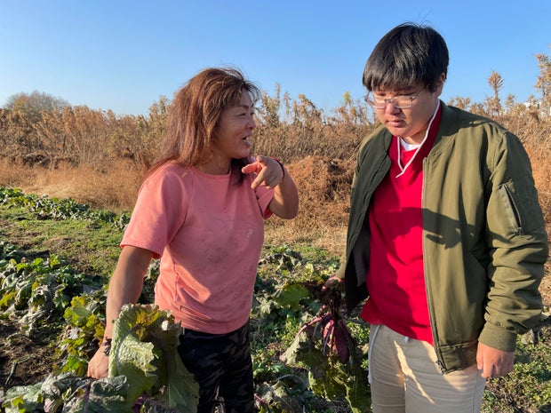 Farmer Tomoko Oshimo, 53, or Tomo-chan, harvests daikon with her son Satoru on their farm in Urawa, outside Tokyo, Japan.