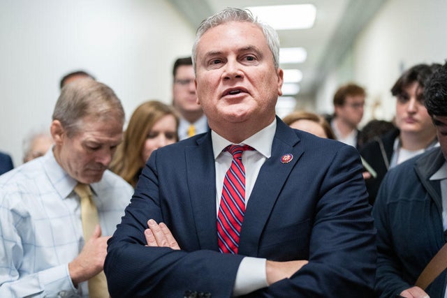 Reps. James Comer and Jim Jordan prepare for a news conference on their demand that Hunter Biden testify at a closed-door deposition, on Wednesday, Dec. 13, 2023.
