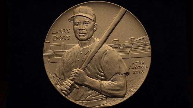 A close-up view of the Congressional Gold Medal honoring professional baseball player Larry Doby is seen at the U.S. Capitol on December 13, 2023 in Washington, DC. 