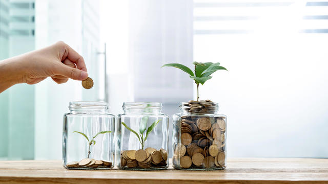 Woman putting coin in the jar with plant 