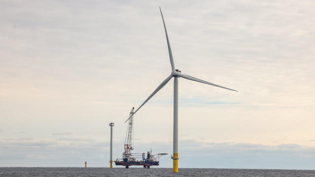 Operational wind turbine of South Fork Wind Farm in the Atlantic Ocean off Long Island 