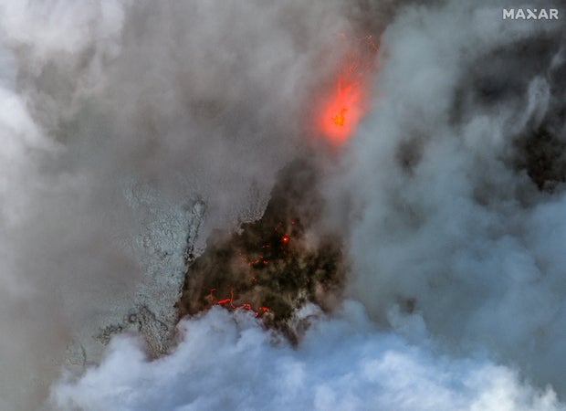 Maxar closeup infrared satellite imagery of the lava field from the volcanic eruption north of Grindavik, Iceland.