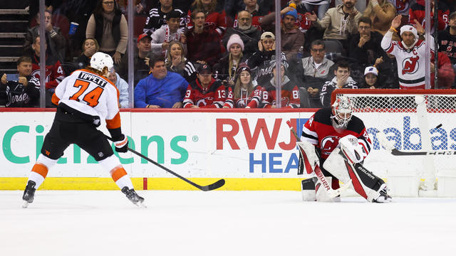 Philadelphia Flyers right wing Owen Tippett (74) scores the game winning goal in overtime during a game between the Philadelphia Flyers and New Jersey Devils on December 19, 2023 at Prudential Center in the Newark, New Jersey. 
