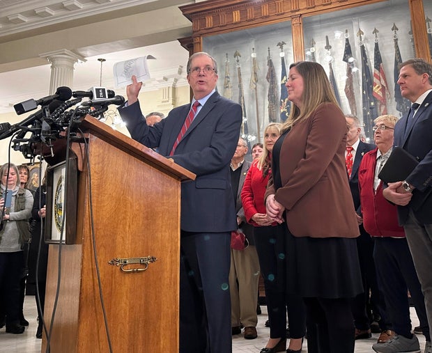 New Hampshire Secretary of State David Scanlan displays a sample ballot on Nov. 15, 2023, in Concord, New Hampshire, while announcing the date of the state's 2024 presidential primary.